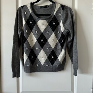 Gray and Black Argyle Crew Neck Sweater